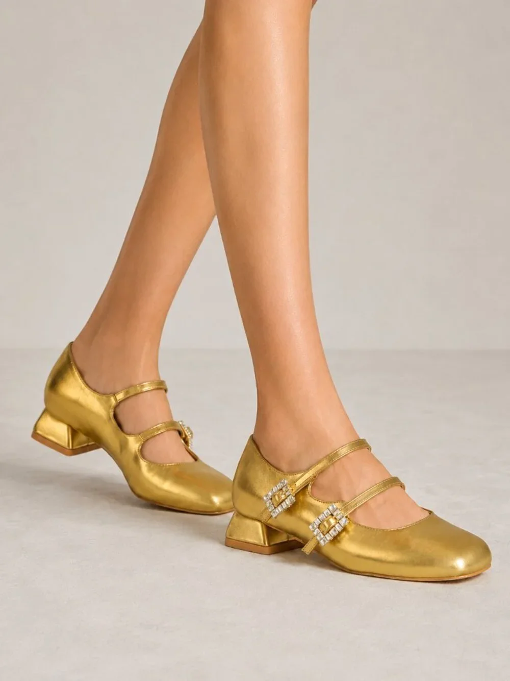 Women’s Gold Rhinestone Buckle Mary Jane Heels